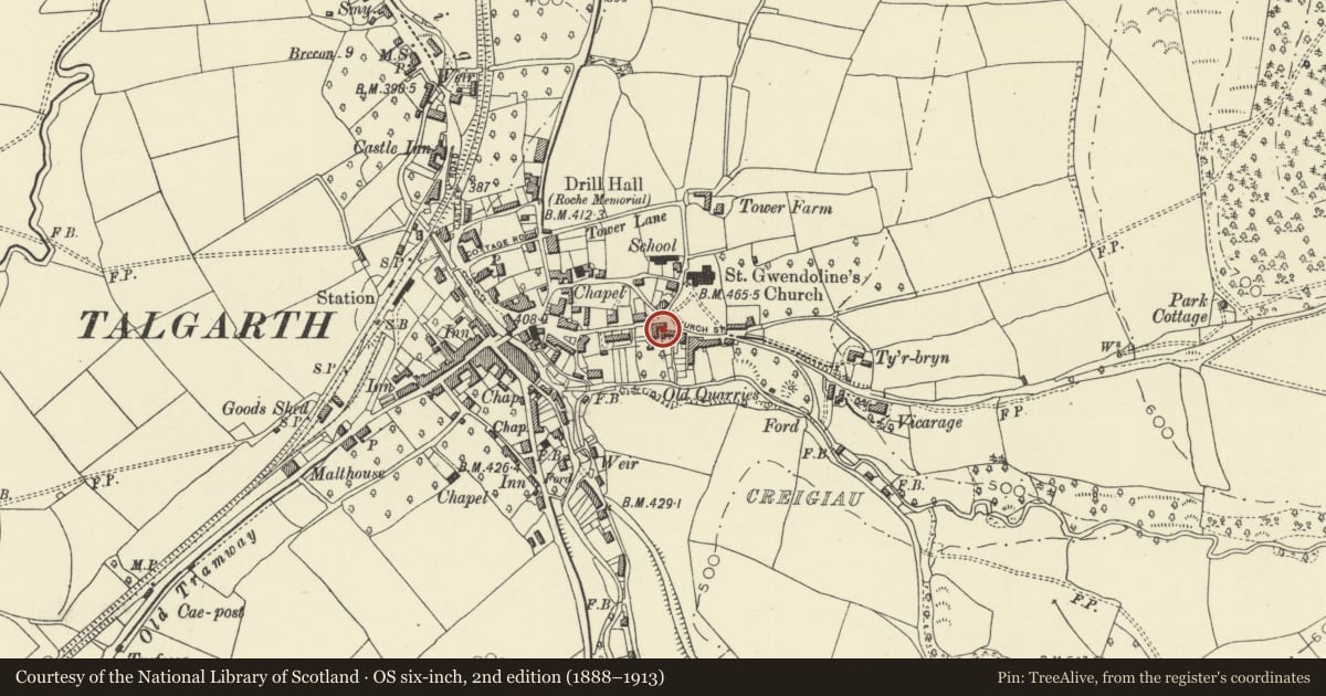 Ordnance Survey six-inch map, 2nd edition (1888–1913) covering the location of Crescent Cottage, Talgarth, Powys, with a pin at the register's coordinates
