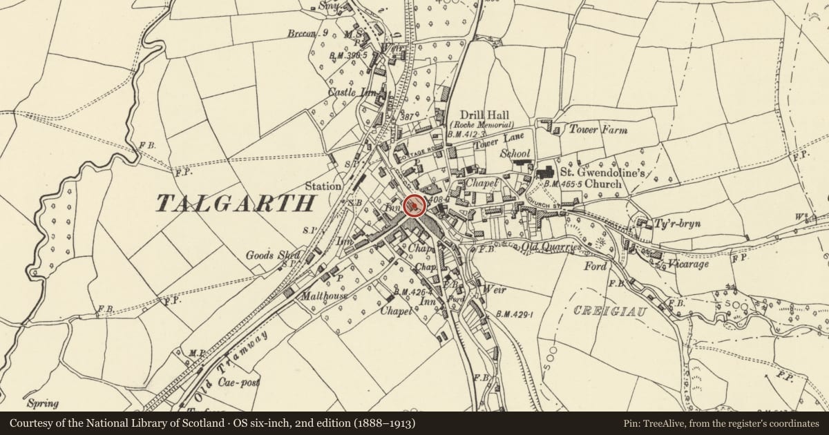 Ordnance Survey six-inch map, 2nd edition (1888–1913) covering the location of Bridge House, Talgarth, Powys, with a pin at the register's coordinates