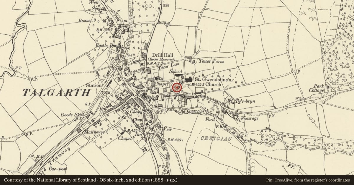 Ordnance Survey six-inch map, 2nd edition (1888–1913) covering the location of Brynglwys, Talgarth, Powys, with a pin at the register's coordinates