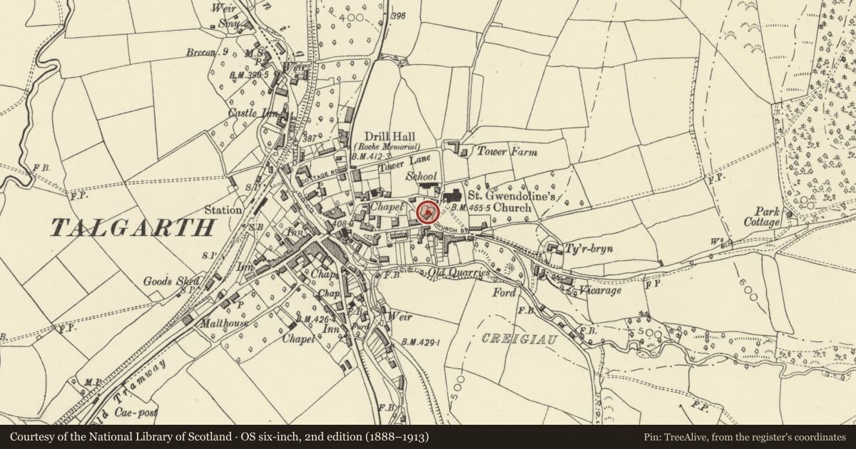 Ordnance Survey six-inch map, 2nd edition (1888–1913) covering the location of Rosendaal, Talgarth, Powys, with a pin at the register's coordinates