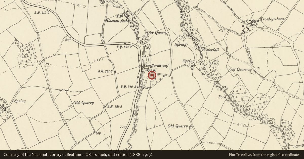 Ordnance Survey six-inch map, 2nd edition (1888–1913) covering the location of Lower Genffordd Farmhouse, Talgarth, Powys, with a pin at the register's coordinates