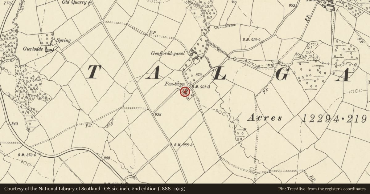 Ordnance Survey six-inch map, 2nd edition (1888–1913) covering the location of Pen-Twyn including attached Barn, Talgarth, Powys, with a pin at the register's coordinates