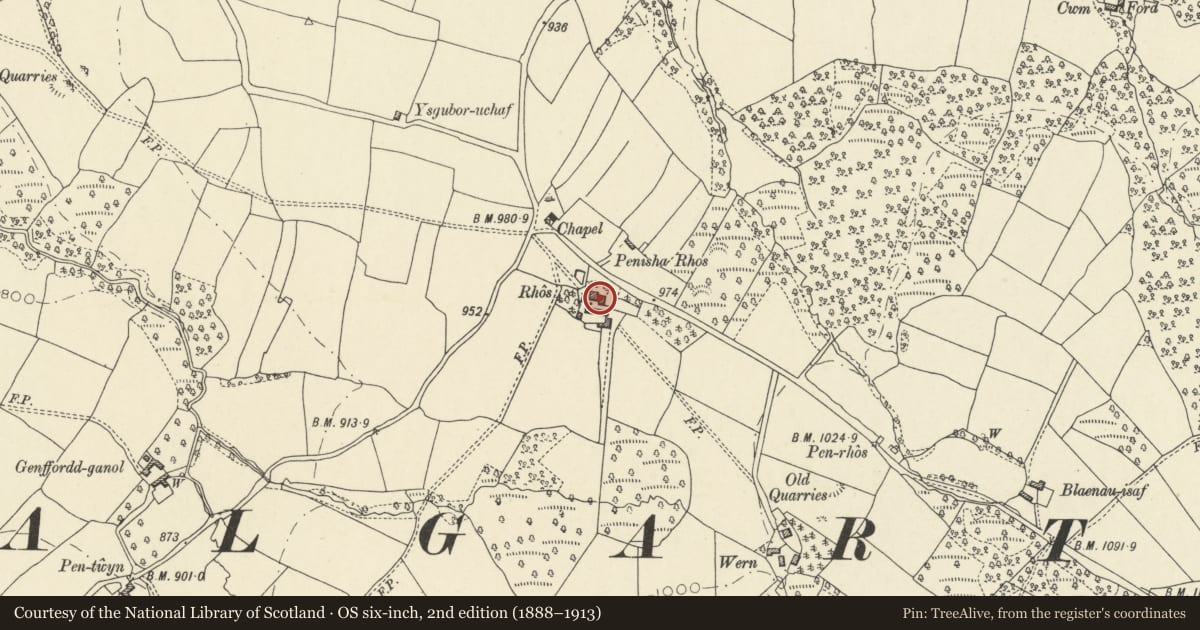 Ordnance Survey six-inch map, 2nd edition (1888–1913) covering the location of Rhos Farmhouse, Talgarth, Powys, with a pin at the register's coordinates