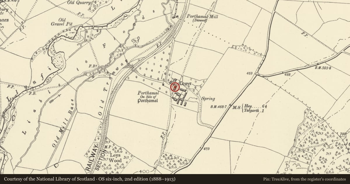Ordnance Survey six-inch map, 2nd edition (1888–1913) covering the location of Farm-building at Porthamel Farm, Talgarth, Powys, with a pin at the register's coordinates