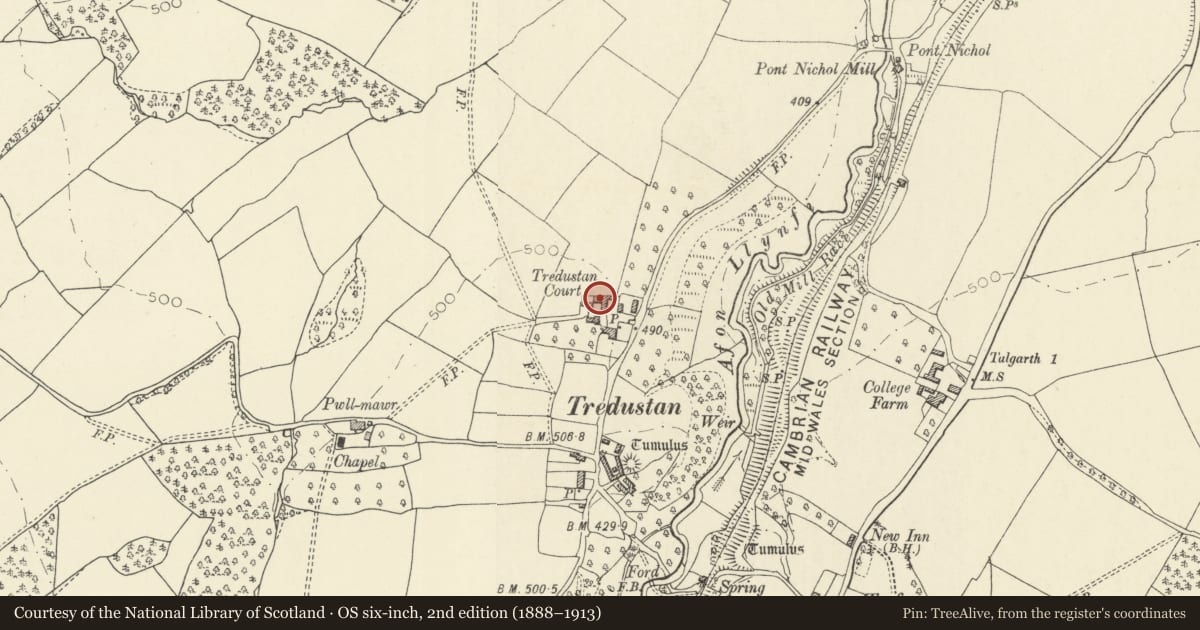 Ordnance Survey six-inch map, 2nd edition (1888–1913) covering the location of U-Shaped Ranges of Farm buildings enclosing the Farmyard at Tredustan Court, Talgarth, Powys, with a pin at the register's coordinates
