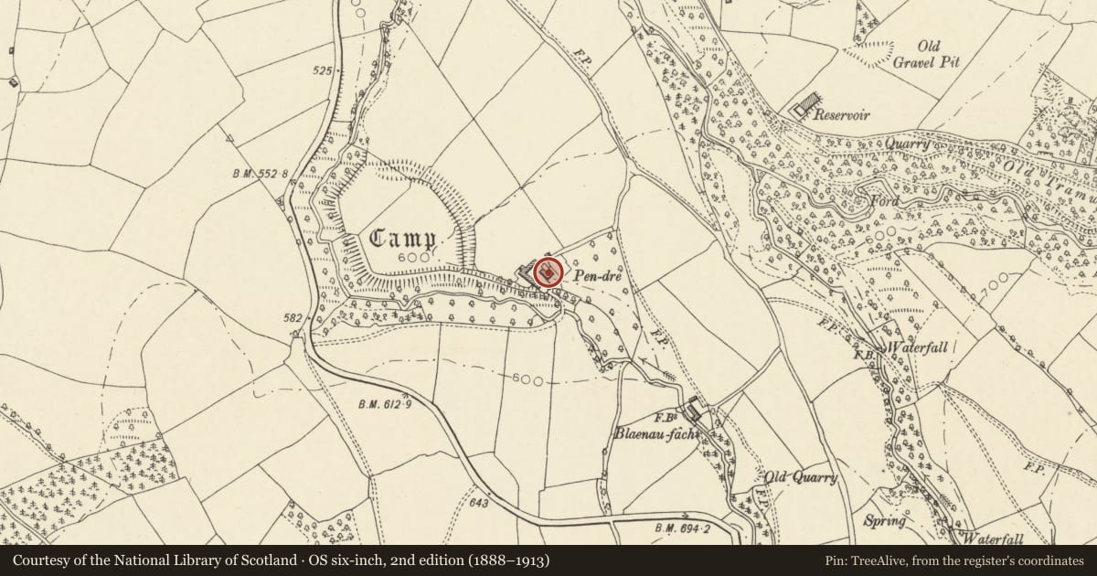 Ordnance Survey six-inch map, 2nd edition (1888–1913) covering the location of Pendre Farmhouse, Talgarth, Powys, with a pin at the register's coordinates
