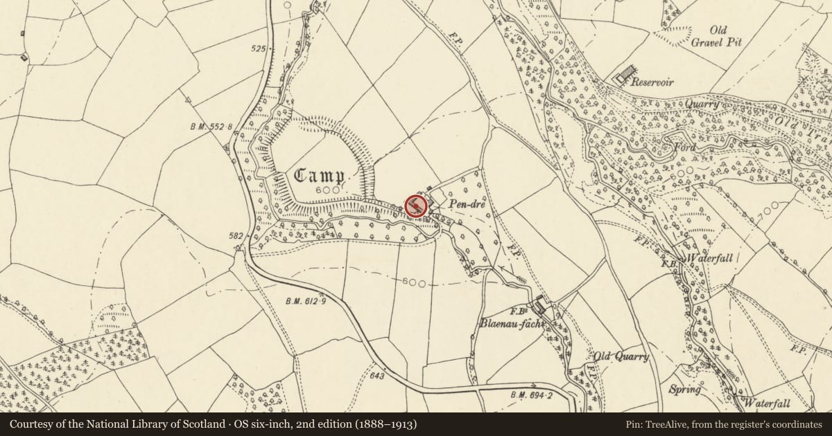 Ordnance Survey six-inch map, 2nd edition (1888–1913) covering the location of Barn at Pendre Farm, Talgarth, Powys, with a pin at the register's coordinates