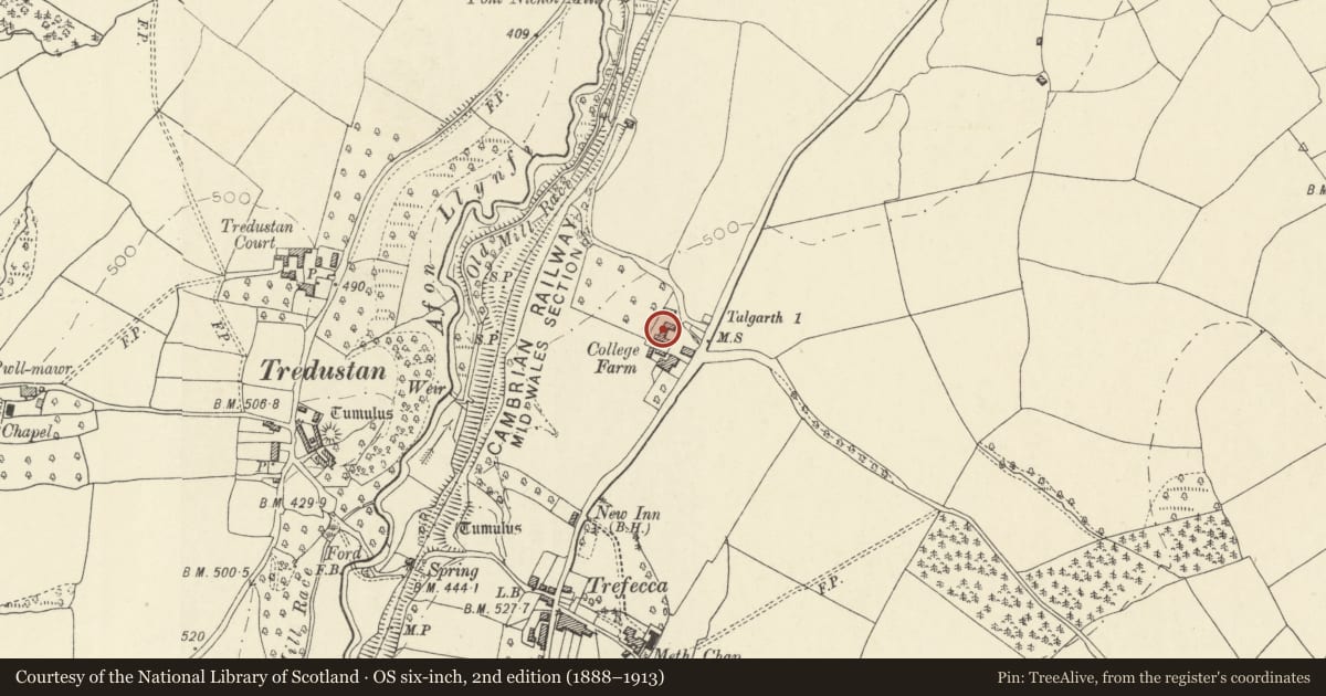 Ordnance Survey six-inch map, 2nd edition (1888–1913) covering the location of 'U'-Plan Range of Farm Buildings at Trefeca College Farm, Talgarth, Powys, with a pin at the register's coordinates