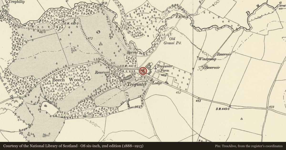 Ordnance Survey six-inch map, 2nd edition (1888–1913) covering the location of Tregunter Farmhouse, Talgarth, Powys, with a pin at the register's coordinates
