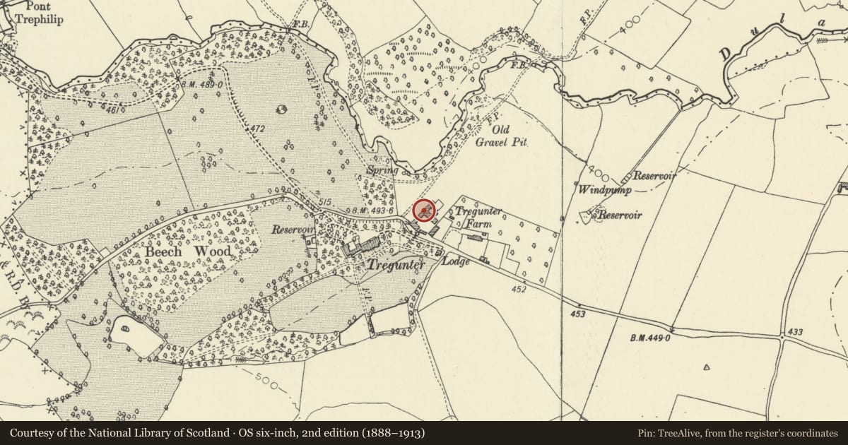 Ordnance Survey six-inch map, 2nd edition (1888–1913) covering the location of Barn Range at Tregunter Farm, Talgarth, Powys, with a pin at the register's coordinates