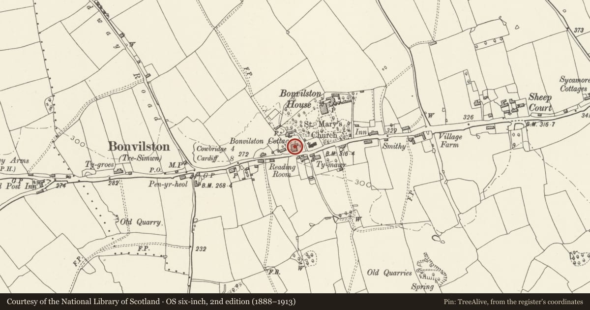 Ordnance Survey six-inch map, 2nd edition (1888–1913) covering the location of Bonvilston Cottage, St. Nicholas and Bonvilston, Vale of Glamorgan, with a pin at the register's coordinates