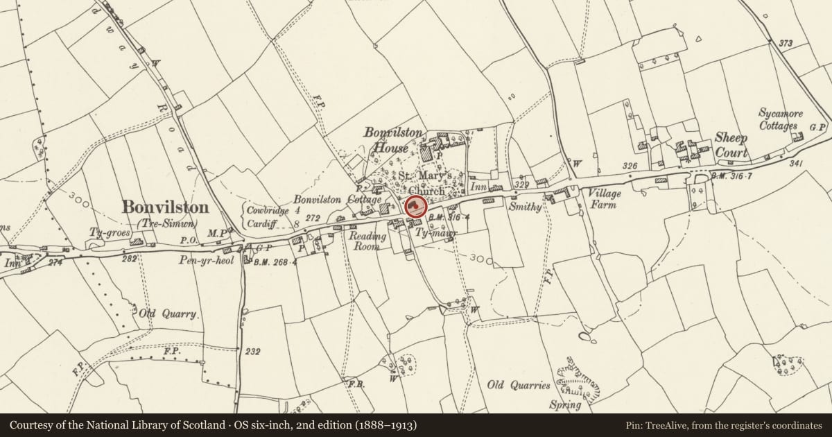 Ordnance Survey six-inch map, 2nd edition (1888–1913) covering the location of Churchuard Cross at Parish Church of St Mary, St. Nicholas and Bonvilston, Vale of Glamorgan, with a pin at the register's coordinates