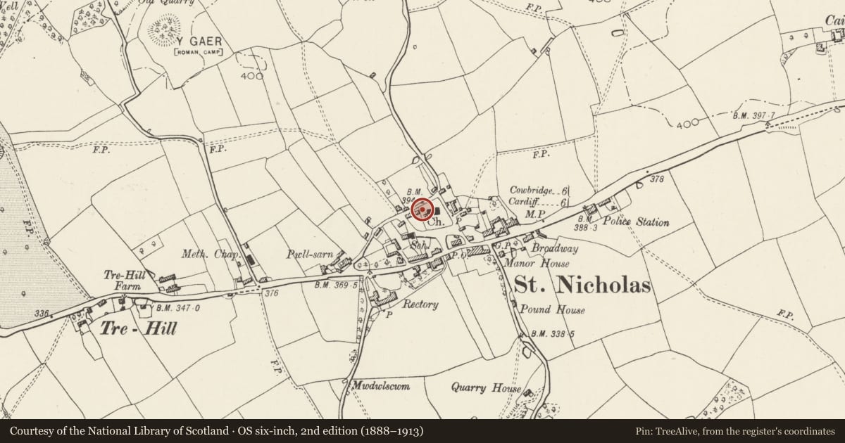 Ordnance Survey six-inch map, 2nd edition (1888–1913) covering the location of Cory Family Chest-Tomb at Parish Church of St Nicholas, St. Nicholas and Bonvilston, Vale of Glamorgan, with a pin at the register's coordinates