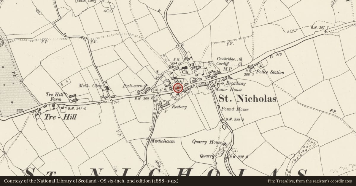 Ordnance Survey six-inch map, 2nd edition (1888–1913) covering the location of Blacksmith's Cottages, St. Nicholas and Bonvilston, Vale of Glamorgan, with a pin at the register's coordinates
