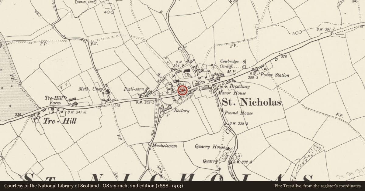 Ordnance Survey six-inch map, 2nd edition (1888–1913) covering the location of Smiths Row (also known as Blacksmiths Cottages), St. Nicholas and Bonvilston, Vale of Glamorgan, with a pin at the register's coordinates