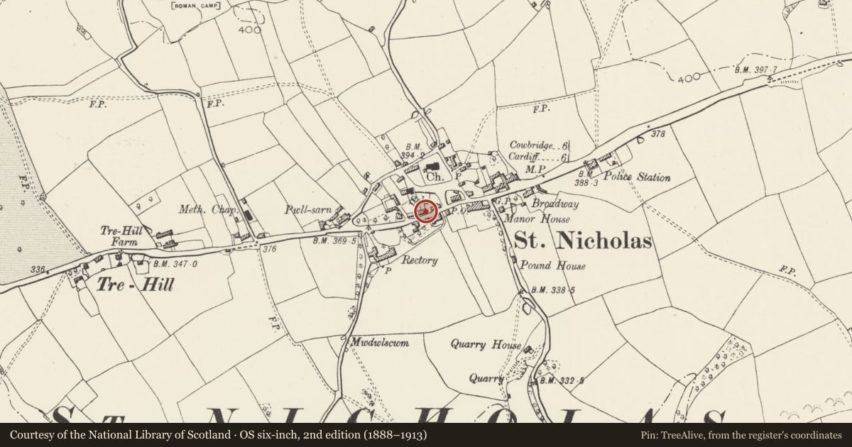 Ordnance Survey six-inch map, 2nd edition (1888–1913) covering the location of Smiths Row (also known as Blcksmiths Cottages), St. Nicholas and Bonvilston, Vale of Glamorgan, with a pin at the register's coordinates