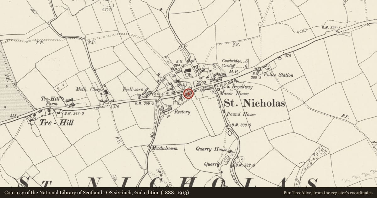 Ordnance Survey six-inch map, 2nd edition (1888–1913) covering the location of Church Hall House (former Cory Institute), St. Nicholas and Bonvilston, Vale of Glamorgan, with a pin at the register's coordinates