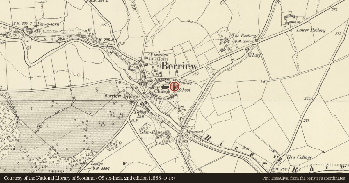 Ordnance Survey six-inch map, 2nd edition (1888–1913) covering the location of Former School, Berriew, Powys, with a pin at the register's coordinates