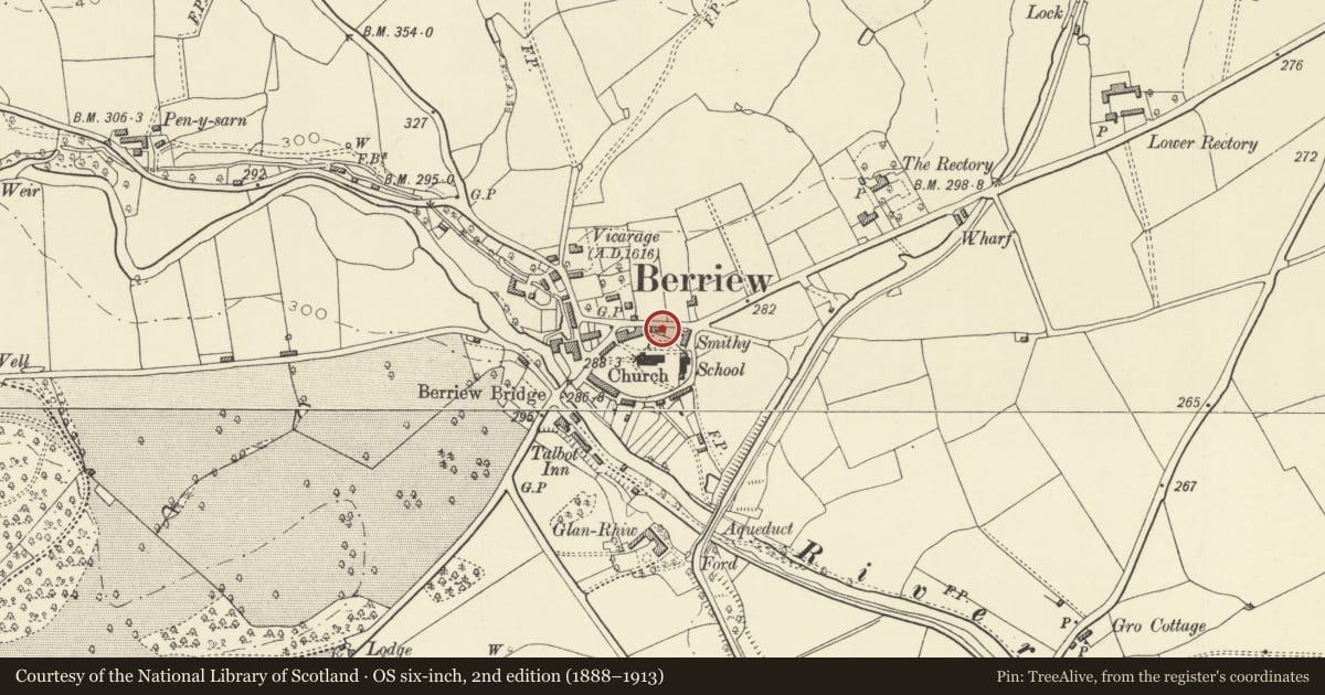 Ordnance Survey six-inch map, 2nd edition (1888–1913) covering the location of The Cottage, Berriew, Powys, with a pin at the register's coordinates