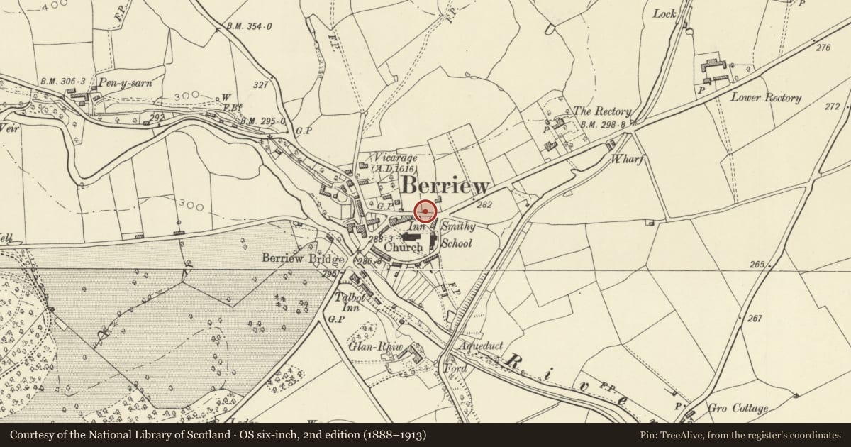 Ordnance Survey six-inch map, 2nd edition (1888–1913) covering the location of Milepost, Berriew, Powys, with a pin at the register's coordinates