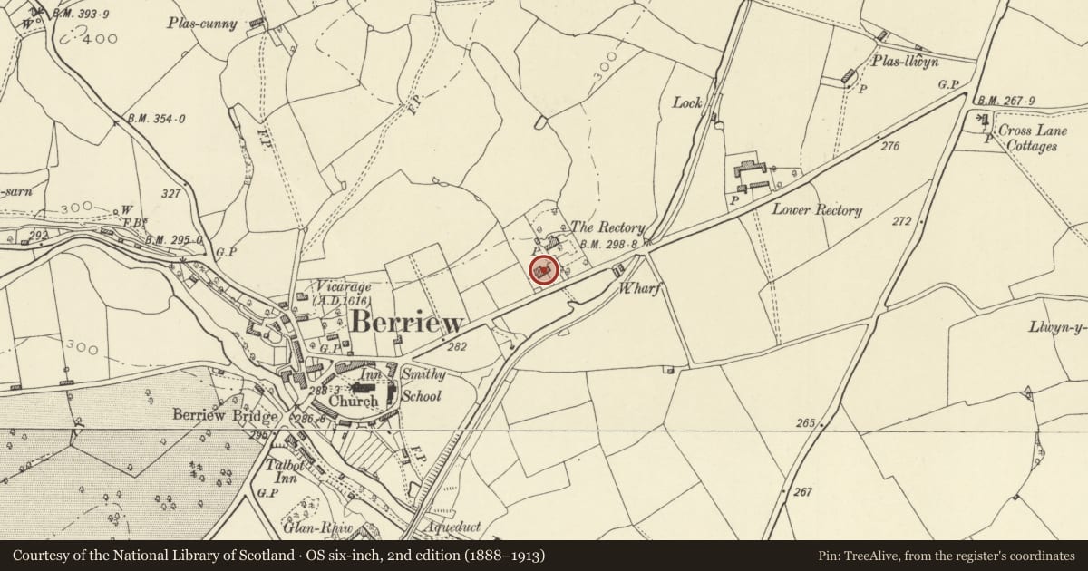 Ordnance Survey six-inch map, 2nd edition (1888–1913) covering the location of Barn at upper Rectory Farm, Berriew, Powys, with a pin at the register's coordinates
