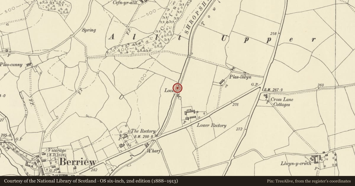 Ordnance Survey six-inch map, 2nd edition (1888–1913) covering the location of Berriew Lock, Powys, with a pin at the register's coordinates