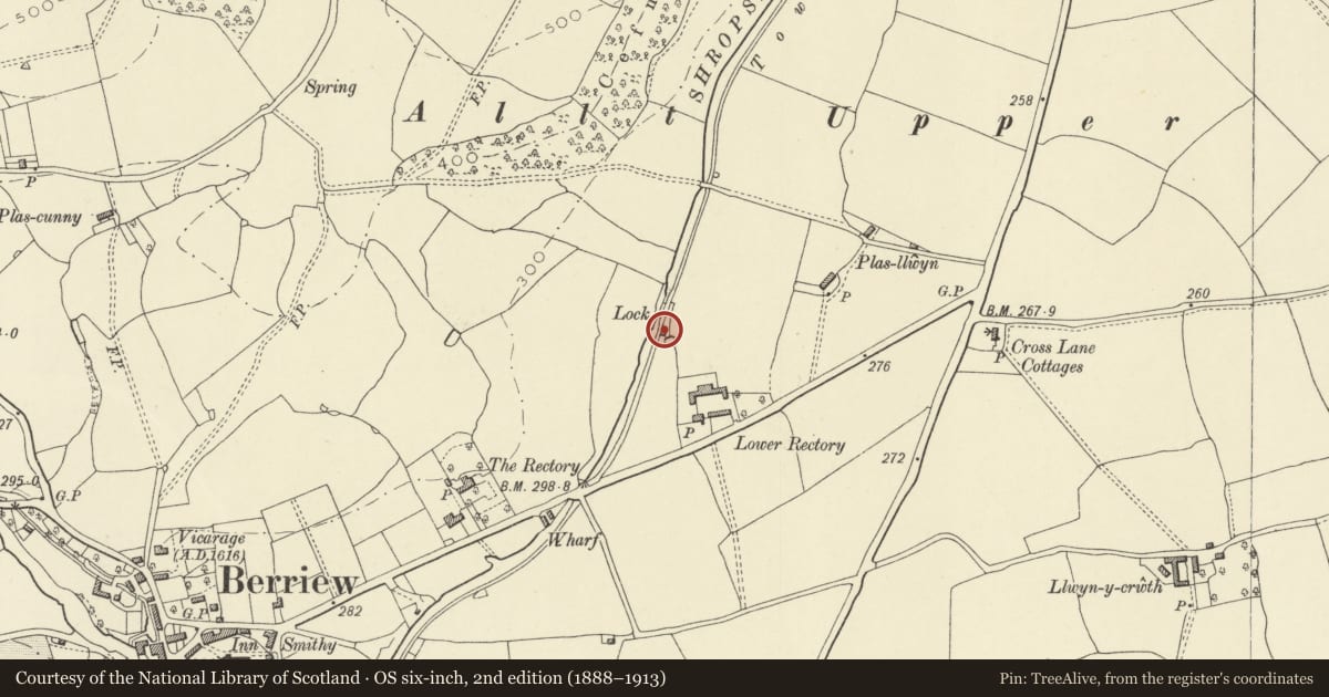 Ordnance Survey six-inch map, 2nd edition (1888–1913) covering the location of Lock Cottage, Berriew, Powys, with a pin at the register's coordinates