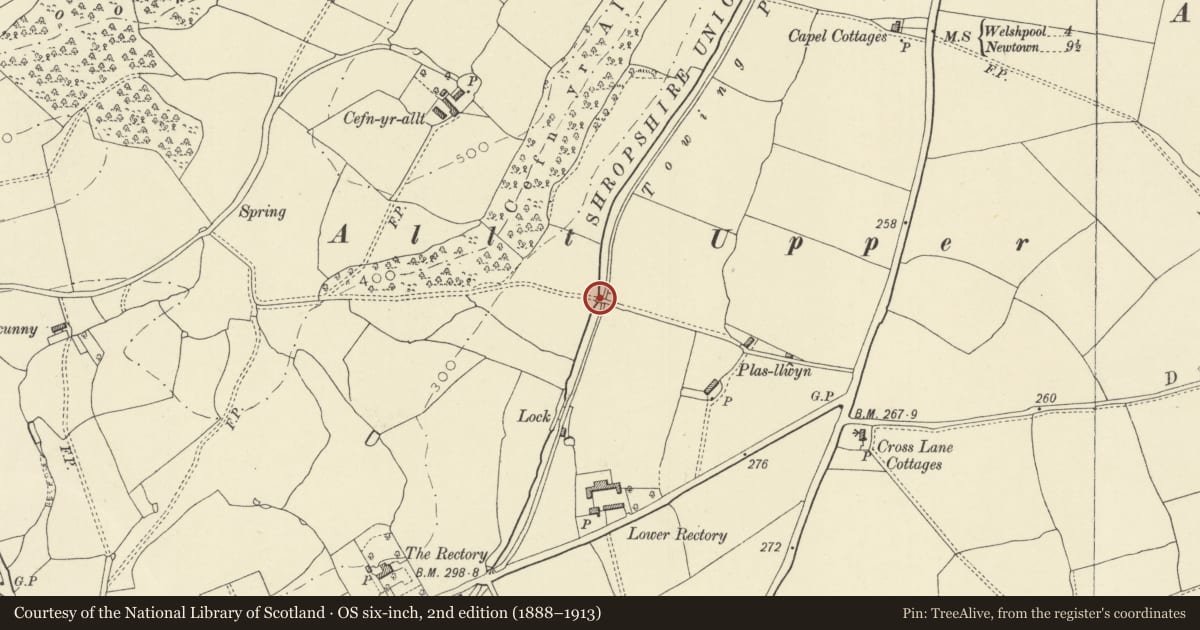 Ordnance Survey six-inch map, 2nd edition (1888–1913) covering the location of Bridge 127 over the Montgomeryshire Canal, Berriew, Powys, with a pin at the register's coordinates