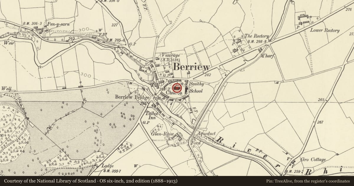 Ordnance Survey six-inch map, 2nd edition (1888–1913) covering the location of Church of Saint Beuno (aka St Beuno), Berriew, Powys, with a pin at the register's coordinates