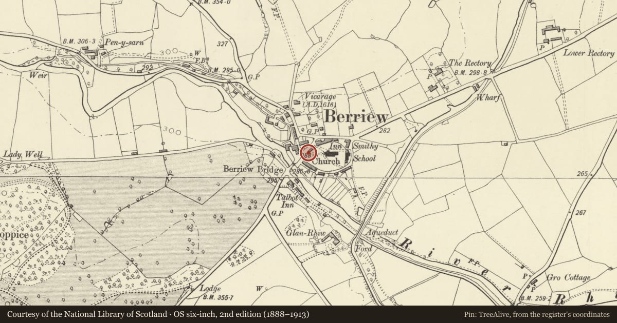 Ordnance Survey six-inch map, 2nd edition (1888–1913) covering the location of Lychgate to Churchyard, Berriew, Powys, with a pin at the register's coordinates