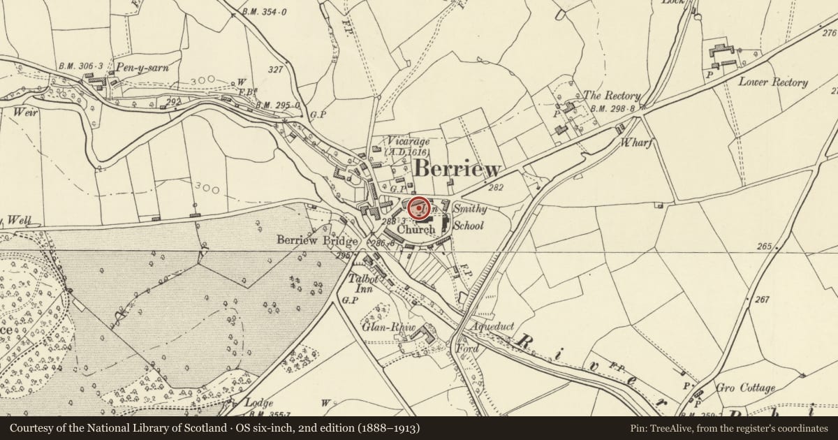 Ordnance Survey six-inch map, 2nd edition (1888–1913) covering the location of Memorial Cross in Churchyard, Berriew, Powys, with a pin at the register's coordinates