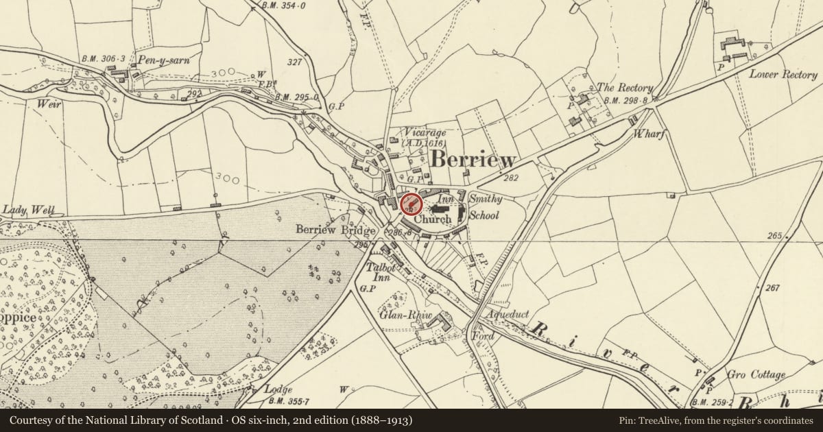 Ordnance Survey six-inch map, 2nd edition (1888–1913) covering the location of Lychgate Cottage, Berriew, Powys, with a pin at the register's coordinates