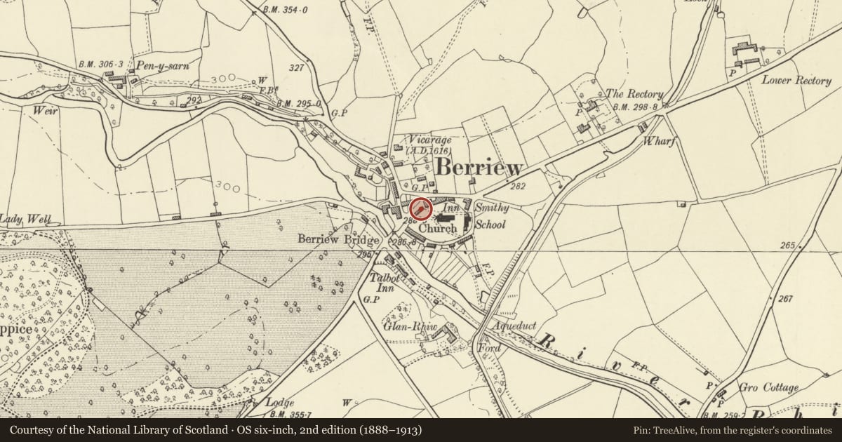 Ordnance Survey six-inch map, 2nd edition (1888–1913) covering the location of Whittingham's Stores, Berriew, Powys, with a pin at the register's coordinates