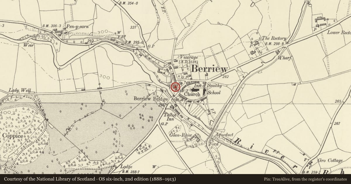 Ordnance Survey six-inch map, 2nd edition (1888–1913) covering the location of River View, Berriew, Powys, with a pin at the register's coordinates