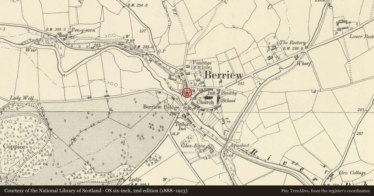 Ordnance Survey six-inch map, 2nd edition (1888–1913) covering the location of Allsorts, Berriew, Powys, with a pin at the register's coordinates