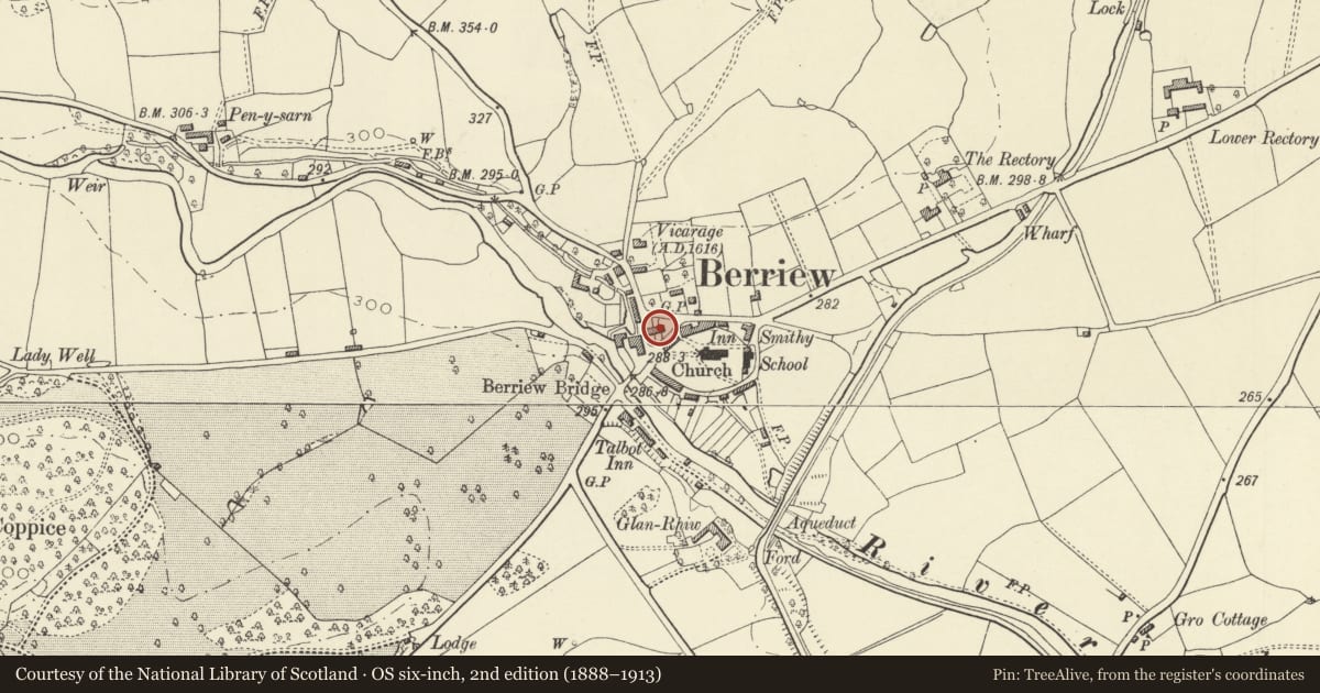 Ordnance Survey six-inch map, 2nd edition (1888–1913) covering the location of The Sign, Berriew, Powys, with a pin at the register's coordinates