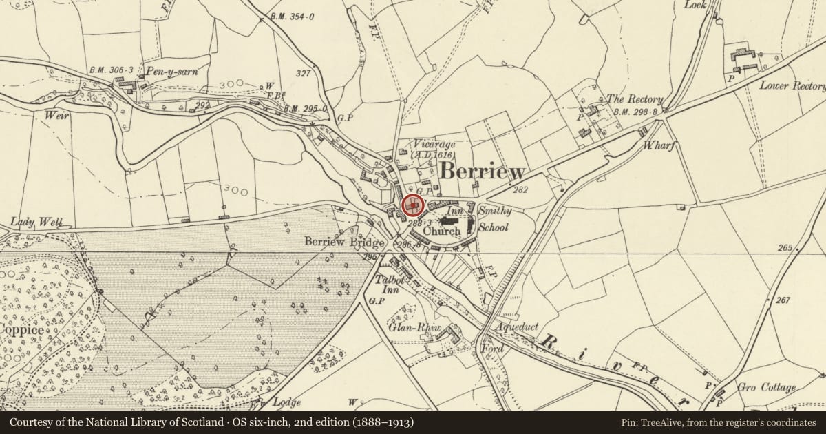 Ordnance Survey six-inch map, 2nd edition (1888–1913) covering the location of The Sign, Berriew, Powys, with a pin at the register's coordinates