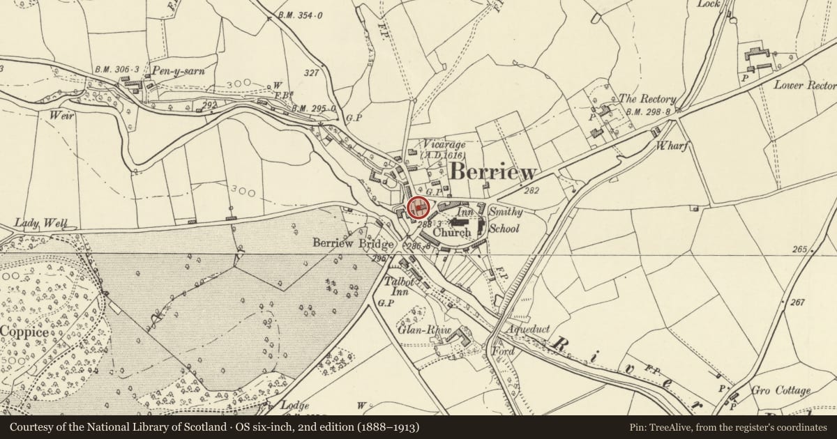 Ordnance Survey six-inch map, 2nd edition (1888–1913) covering the location of The Sign, Berriew, Powys, with a pin at the register's coordinates