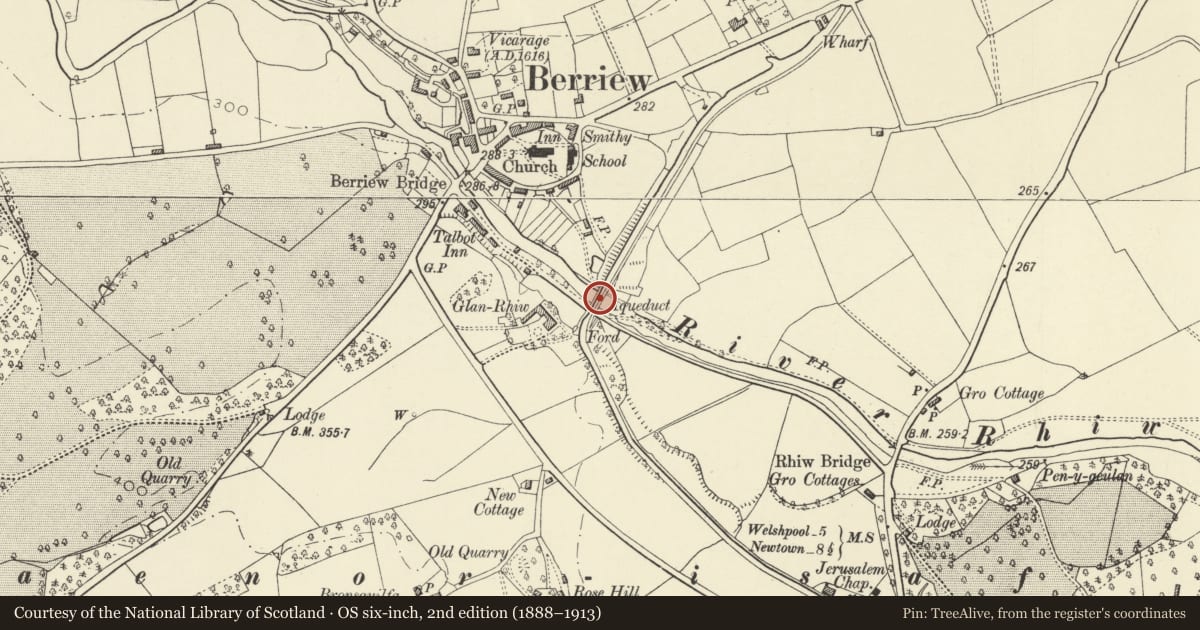 Ordnance Survey six-inch map, 2nd edition (1888–1913) covering the location of Berriew Aqueduct, Powys, with a pin at the register's coordinates