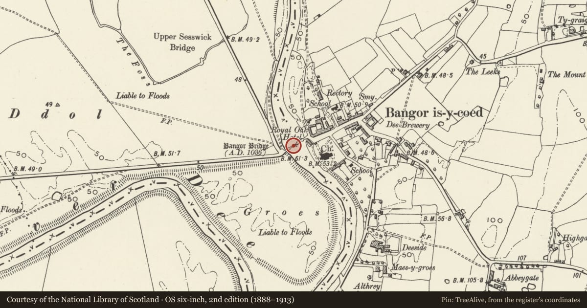 Ordnance Survey six-inch map, 2nd edition (1888–1913) covering the location of Bangor Bridge (Partly in Bangor-is-y-Coed Community), Sesswick, Wrexham, with a pin at the register's coordinates