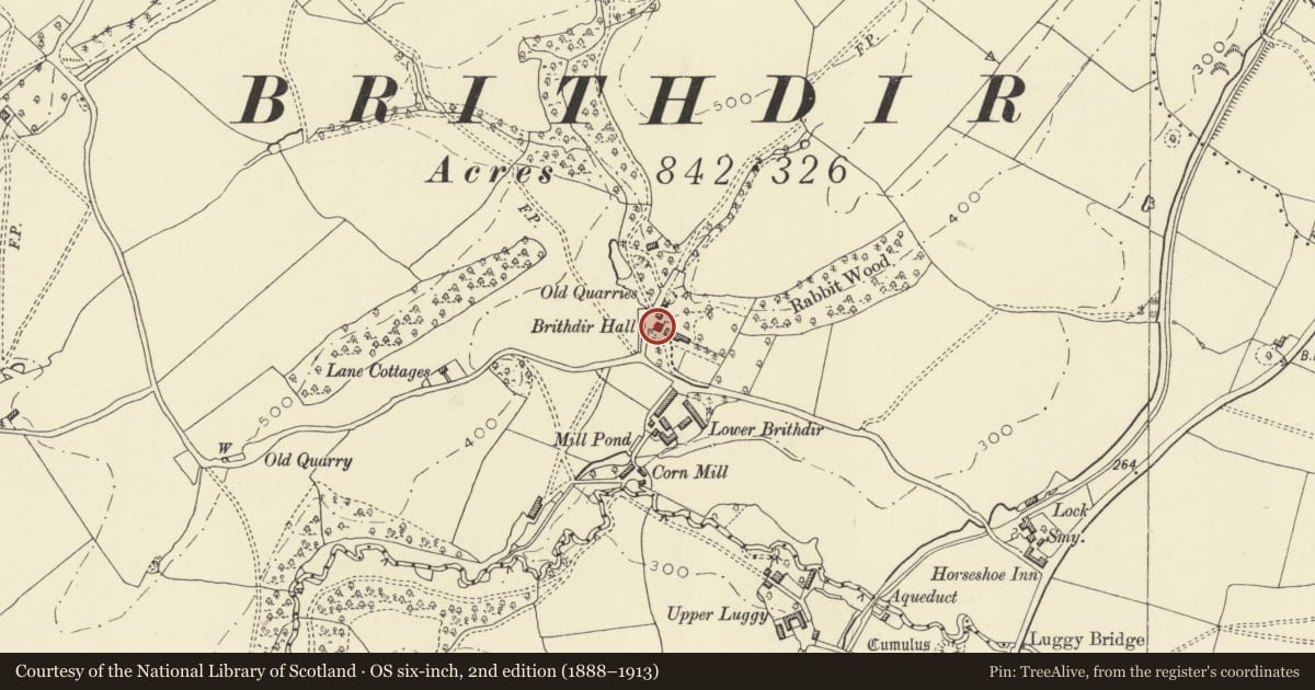 Ordnance Survey six-inch map, 2nd edition (1888–1913) covering the location of Stable and Laundry Ranges, Berriew, Powys, with a pin at the register's coordinates