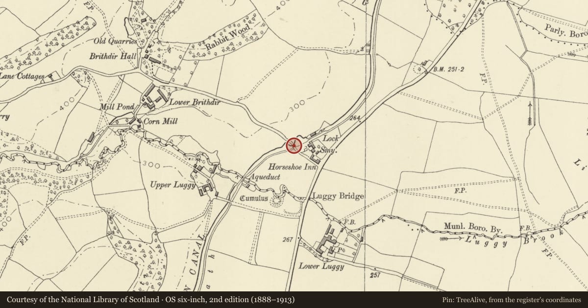 Ordnance Survey six-inch map, 2nd edition (1888–1913) covering the location of Bridge 125 over the Montgomeryshire Canal, Berriew, Powys, with a pin at the register's coordinates