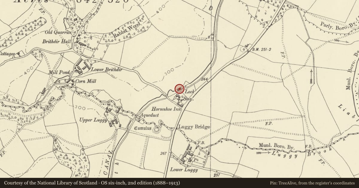 Ordnance Survey six-inch map, 2nd edition (1888–1913) covering the location of Brithdir Lock Cottage, Berriew, Powys, with a pin at the register's coordinates