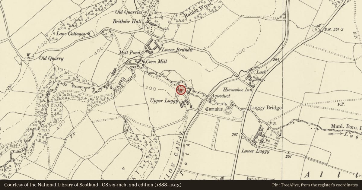 Ordnance Survey six-inch map, 2nd edition (1888–1913) covering the location of Upper Luggy Farmhouse, Berriew, Powys, with a pin at the register's coordinates