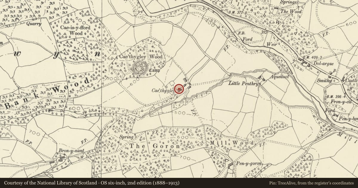 Ordnance Survey six-inch map, 2nd edition (1888–1913) covering the location of Caethugley Farmhouse, Berriew, Powys, with a pin at the register's coordinates