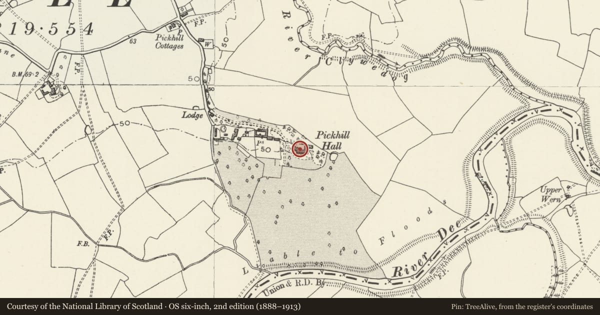 Ordnance Survey six-inch map, 2nd edition (1888–1913) covering the location of Pickhill Hall, Sesswick, Wrexham, with a pin at the register's coordinates