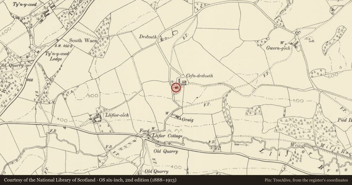 Ordnance Survey six-inch map, 2nd edition (1888–1913) covering the location of Cefn-Dreboeth, Berriew, Powys, with a pin at the register's coordinates