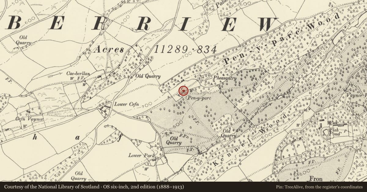 Ordnance Survey six-inch map, 2nd edition (1888–1913) covering the location of Pen y Parc, Berriew, Powys, with a pin at the register's coordinates