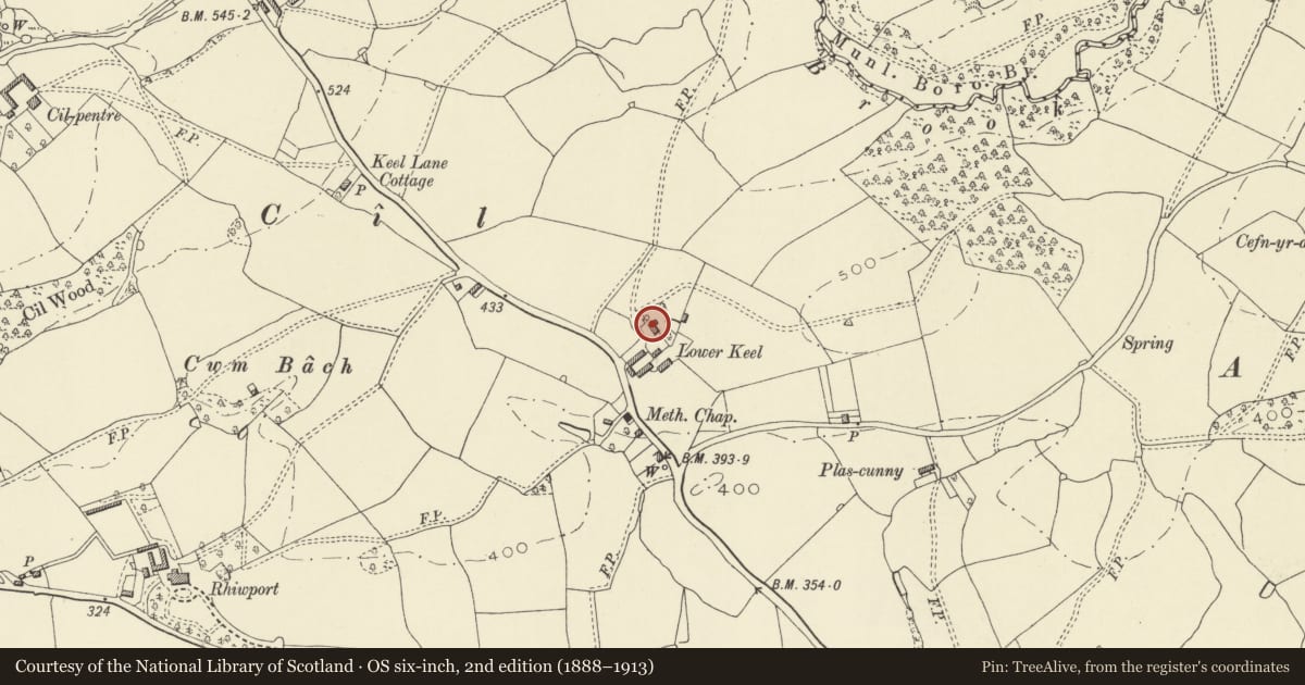 Ordnance Survey six-inch map, 2nd edition (1888–1913) covering the location of Lower cil Farmhouse, Berriew, Powys, with a pin at the register's coordinates