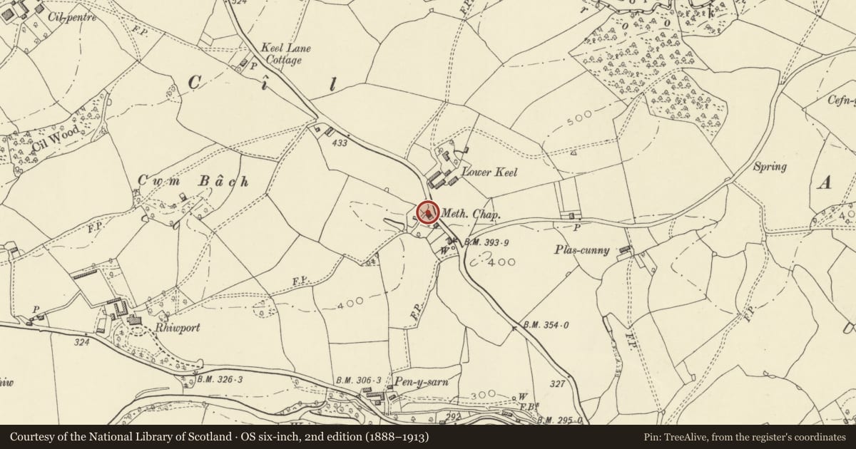 Ordnance Survey six-inch map, 2nd edition (1888–1913) covering the location of Cil Chapel, Berriew, Powys, with a pin at the register's coordinates